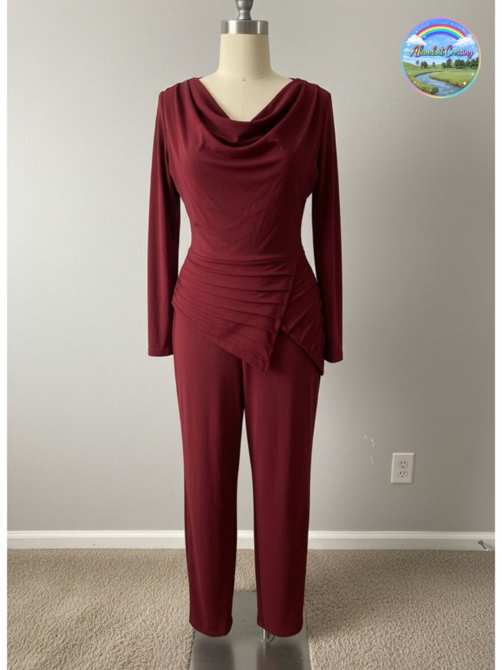 Women Long Sleeve Jumpsuit Polyester Elastane Cowl Neck Dressy One Piece